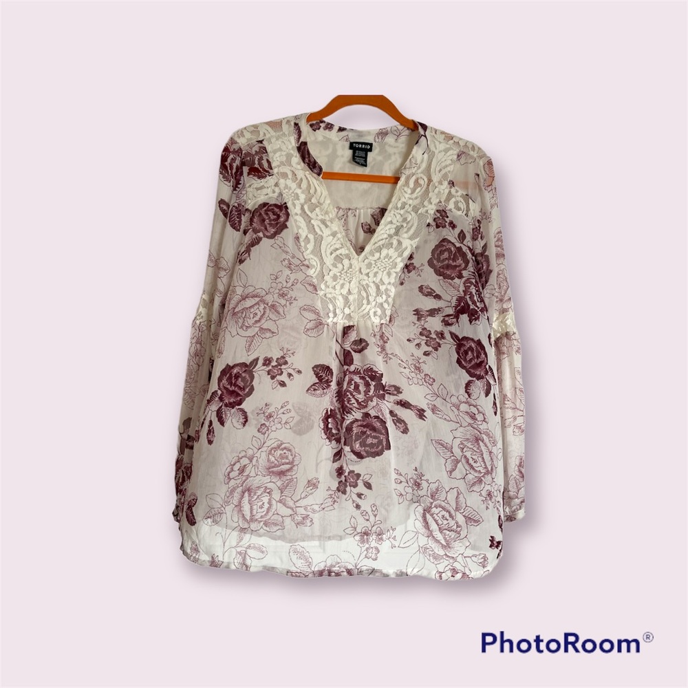 TORRID SHEER CHIFFON LONG SLEEVE BOHO BLOUSE WITH LACE